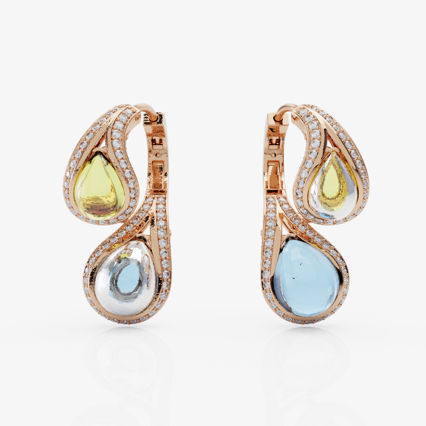 Lemon Quartz, Blue Topaz & Diamond Earrings, Rose Gold